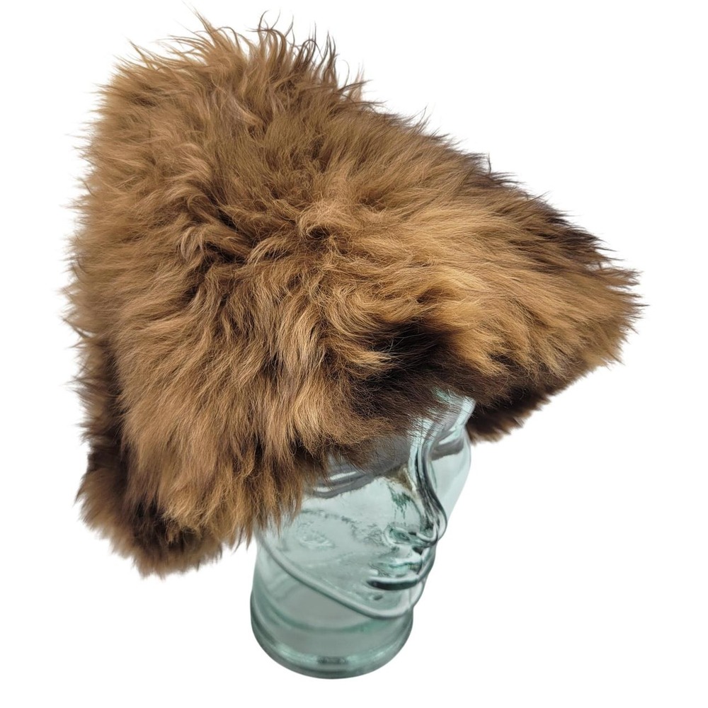 Vintage Brown Shaggy Sheepskin Fur Hat Red Lining Cossack Russian Style Winter
